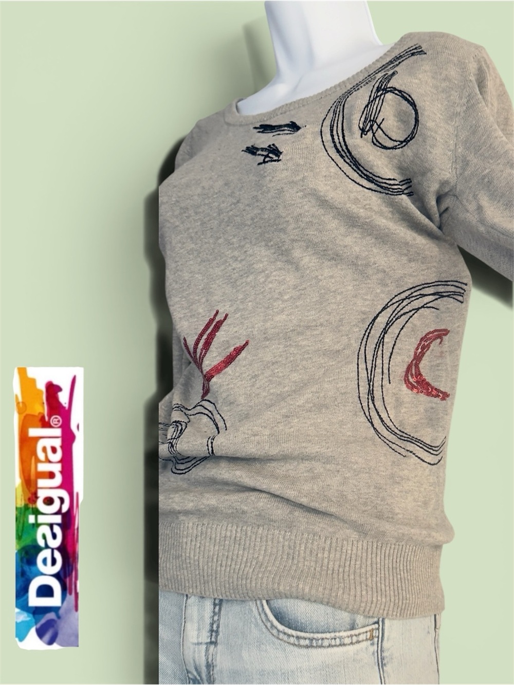 Vintage Desigual Grey Long-Sleeve Graphic Crewneck Sweater - Picture 4 of 7